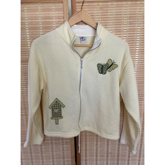 Vintage Cream Zip-Up Fleece Jacket W/ Embroidered Butterflies & Birdhouse Design - Picture 1 of 9